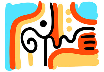 Abstract colorful pop art design with bold black lines, geometric shapes, and vibrant orange, yellow, and blue accents. 