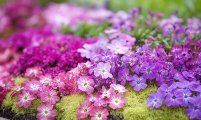 Obraz premium A vibrant garden scene showcasing a colorful array of blooming flowers in shades of pink. purple. and lavender. set against a backdrop of lush greenery and stones