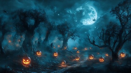Fototapeta premium Haunted halloween forest under full moon