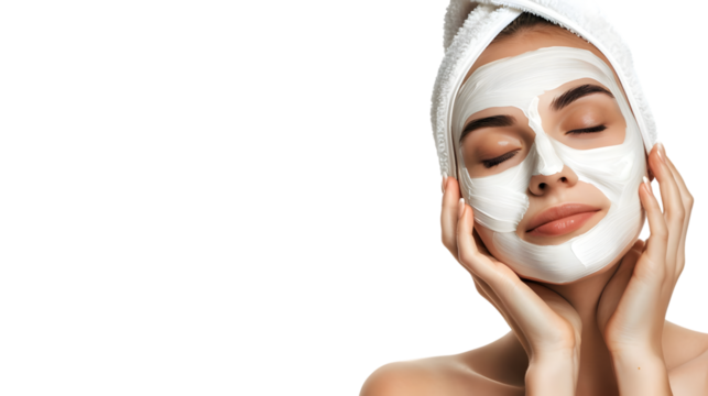 Professional Young Woman Applying Facial Mask for Skin Care Isolated on White Background