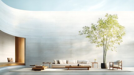 Modern minimalist living area with a large bamboo plant