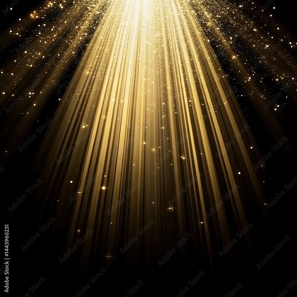 Poster a stunning display of golden light rays piercing through darkness. creating a magical atmosphere wit