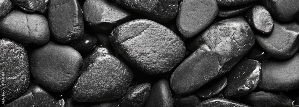 Poster a close-up view of smooth black pebbles arranged naturally. showcasing their textures and shapes. id