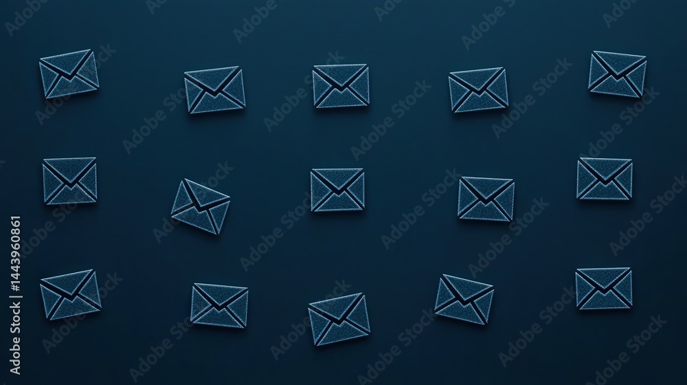 Poster multiple envelope icons made of string and pins are arranged on a dark background, symbolizing email