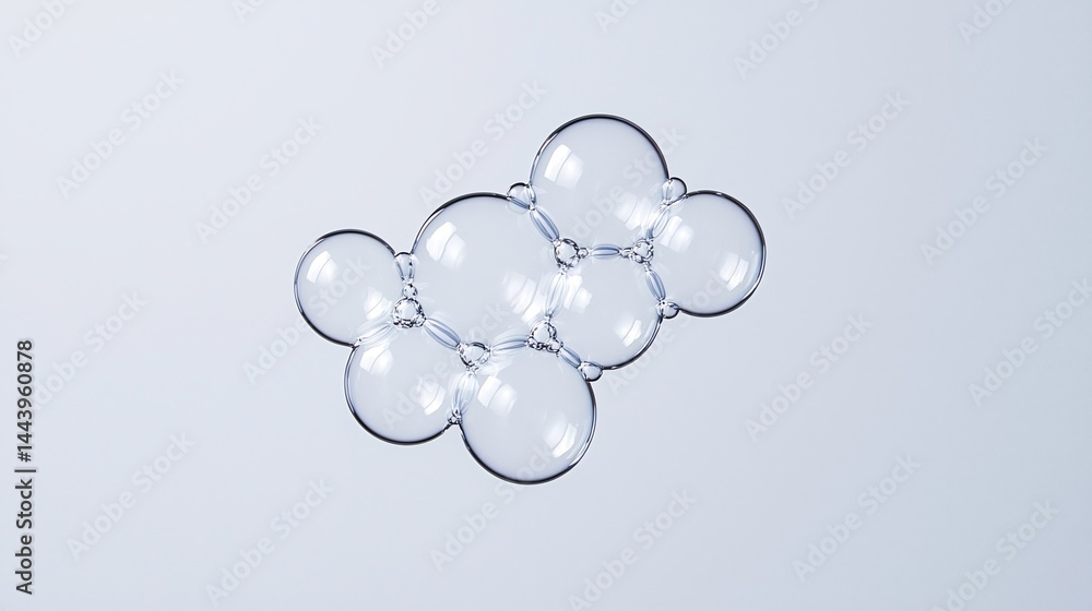 Poster a group of transparent soap bubbles clustered together on a light, minimal background.