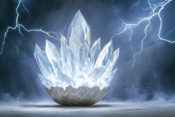 Obraz premium Powerful crystal cluster emanates ethereal light amid dramatic lightning.