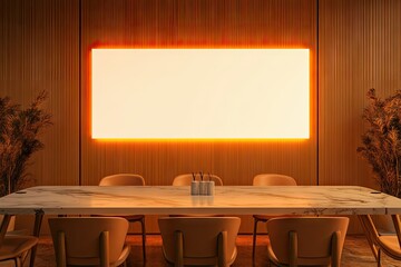 A modern conference room featuring a large illuminated screen. a sleek marble table. and stylish chairs. creating a professional atmosphere for meetings and presentations
