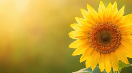 Fototapeta premium A bright yellow sunflower in full bloom is shown against a blurred, sunny background.