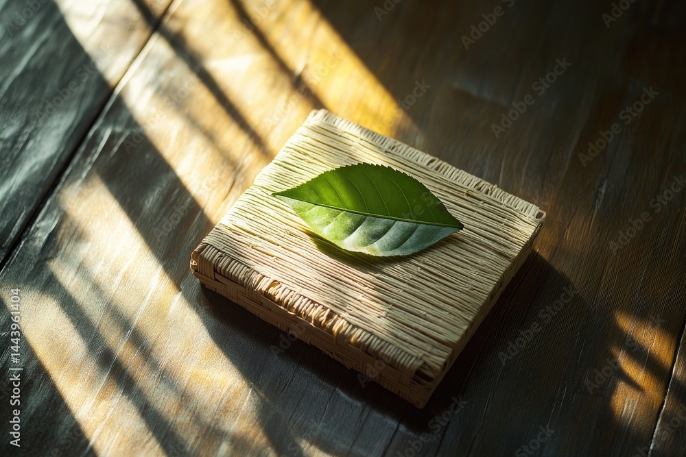 Poster a beautifully crafted box with a textured lid rests on a warm. natural surface. illuminated by soft 