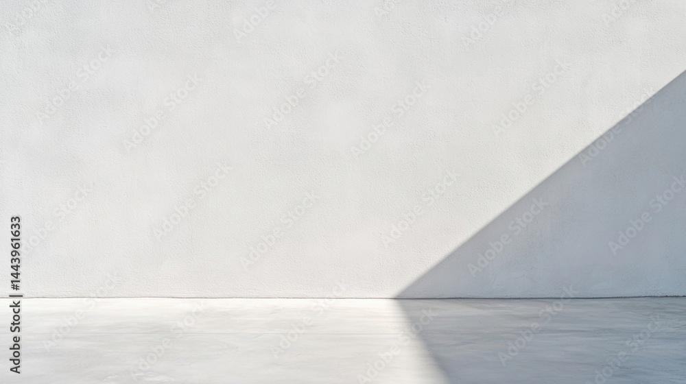 Poster a plain white wall with a diagonal shadow cast on a smooth floor in minimal natural light.