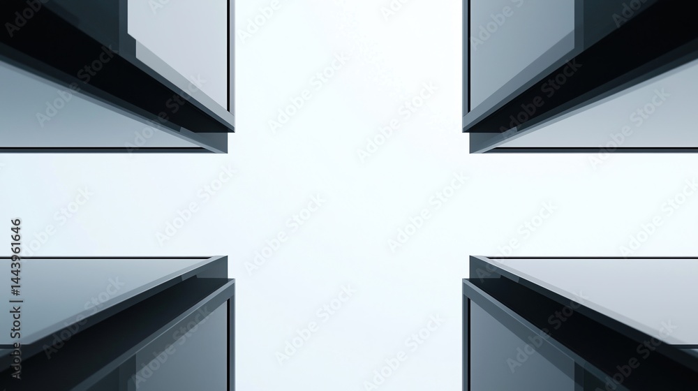 Poster a under 200 characters: modern skyscrapers viewed from below, creating a geometric, symmetrical patt