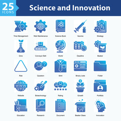 Science and Innovation is a collection of icons in sheet format illustrating scientific innovation, technology research, and the integration of digital tools and time management in modern development