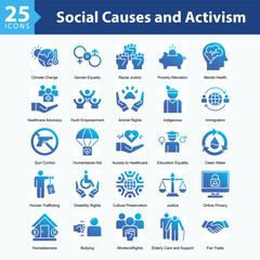 Social Causes and Activism is a collection of icons in sheet format illustrating global social issues, human rights movements, and sustainability campaigns supporting positive societal change.	
