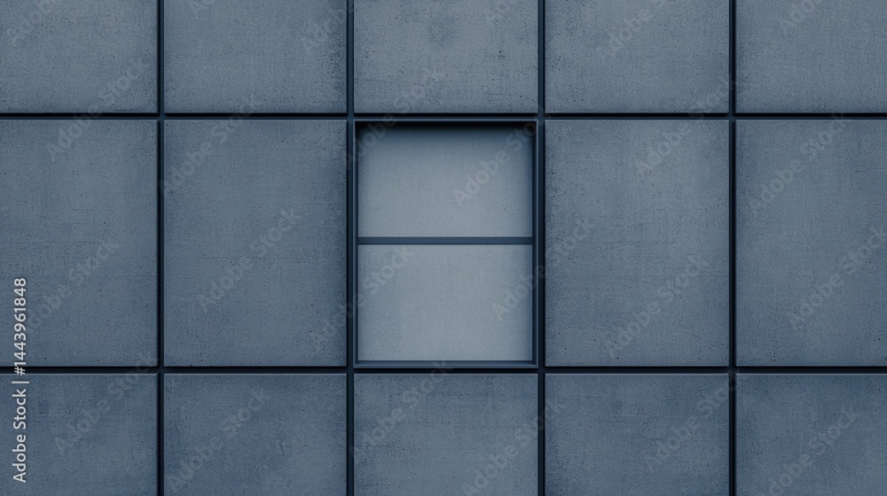 Poster a grid of blue-gray concrete panels with a single central window breaks the uniform pattern.
