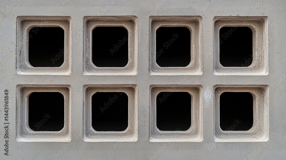 Poster eight square holes arranged in two rows on a concrete wall, creating a geometric and minimalist patt
