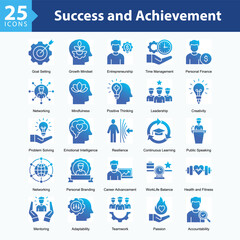 Success and Achievement is a collection of icons in sheet format illustrating self-development, leadership, decision-making, and global and social awareness throughout personal growth journeys.
