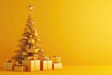 A beautifully crafted golden Christmas tree adorned with shimmering ornaments stands amidst a collection of golden gift boxes. creating a festive and luxurious holiday atmosphere