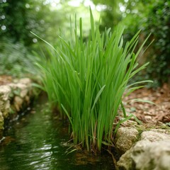 Obraz premium Lush Green Pond Plants Tranquil Garden Waterside Greenery Nature Photography