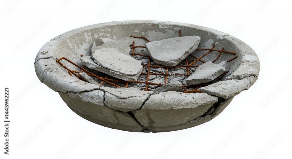 Poster shattered concrete birdbath cracked and crumbled showing exposed rebar isolated on white screen back
