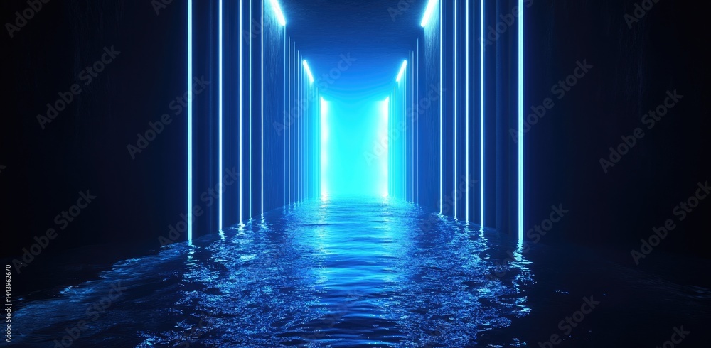 Poster a futuristic corridor illuminated by glowing blue neon lights. reflecting on the wet floor. creating