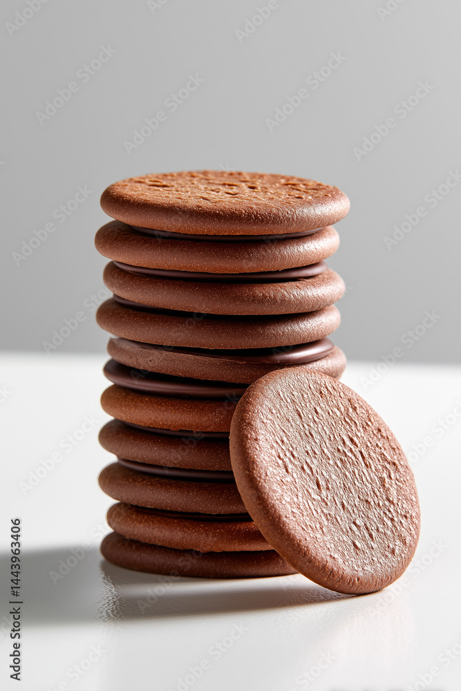 Poster stacked chocolate cookies on clean white surface with subtle grey background, emphasizing texture an