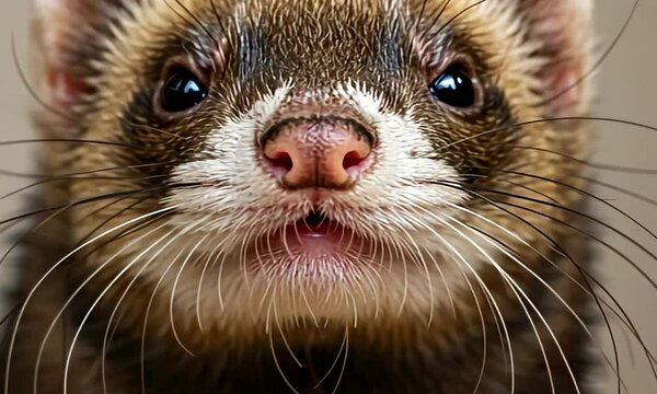 Close-up portrait of a ferret's face, showcasing its expressive eyes and whiskers