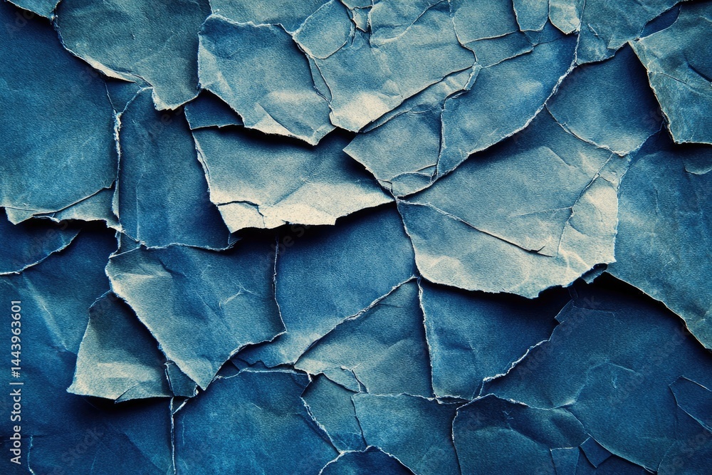 Poster close-up view of a textured blue background featuring cracked and peeling paper layers. creating an 