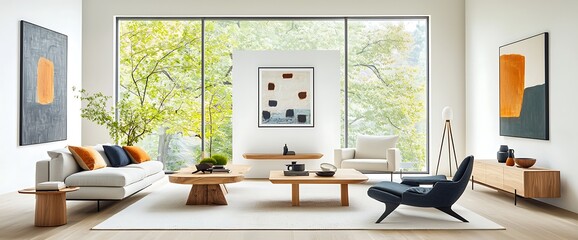 Modern minimalist living room with large windows