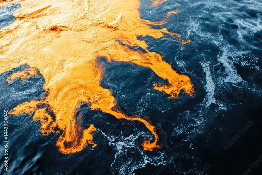 Poster a vibrant orange swirl of algae floats on the surface of a deep blue ocean. creating a striking cont