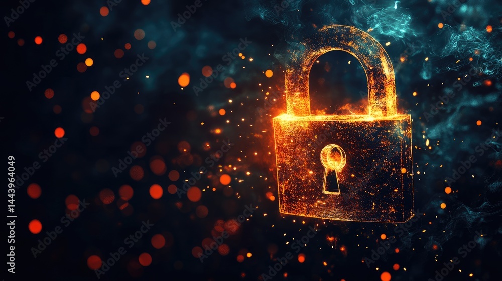Poster a glowing golden padlock surrounded by shimmering sparks and particles. symbolizing security and pro