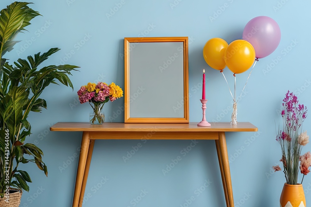Aufkleber a vibrant and colorful shelf display featuring a blank wooden frame. balloons. decorative objects. a