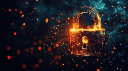 A glowing golden padlock surrounded by shimmering sparks and particles. symbolizing security and protection in a digital landscape. ideal for technology-related themes