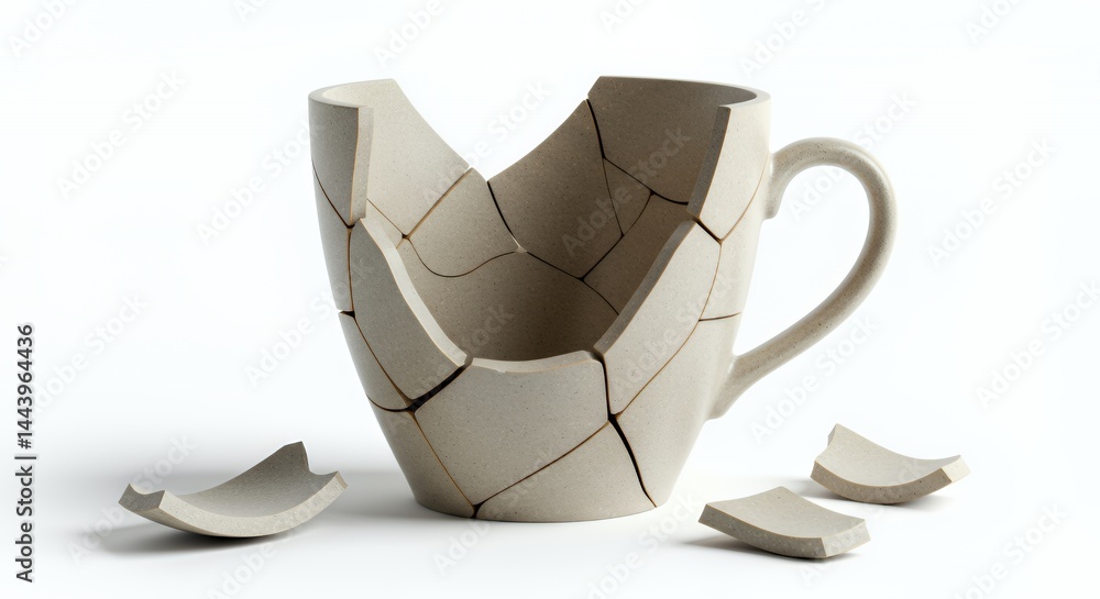 Poster shattered ceramic teacup isolated on white screen background with intricate cracks detailed texture 
