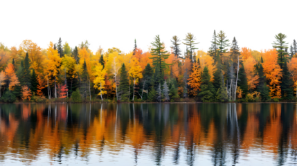 Scenic Autumn Trees Reflections on Blue Lake in Northern Region Landscape