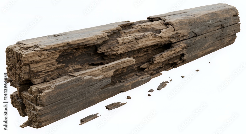 Poster weathered wooden plank isolated on white screen background displaying significant damage ideal for r