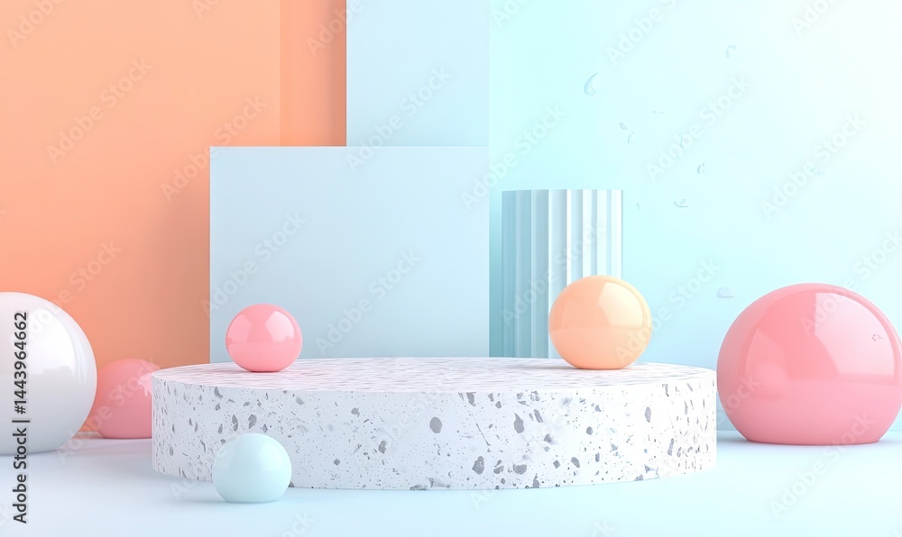 Poster a minimalist display scene featuring a circular white podium set against a vibrant backdrop of paste