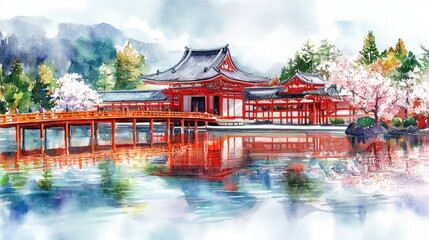 Vibrant watercolor depiction of a Japanese temple complex by a serene lake.