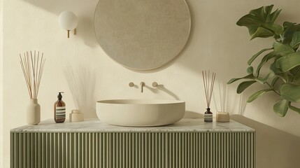 A serene bathroom scene featuring a round mirror above a stylish sink. with soft sunlight casting shadows and greenery accentuating the calm atmosphere