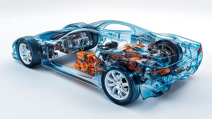 Transparent electric car concept with visible internal engine components and futuristic vehicle design
