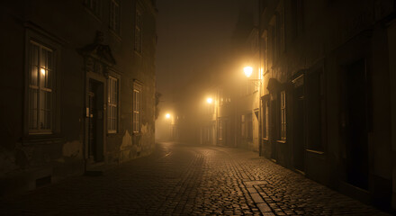 Foggy Cobblestone Lane: A Nocturnal Cityscape in Warm Light