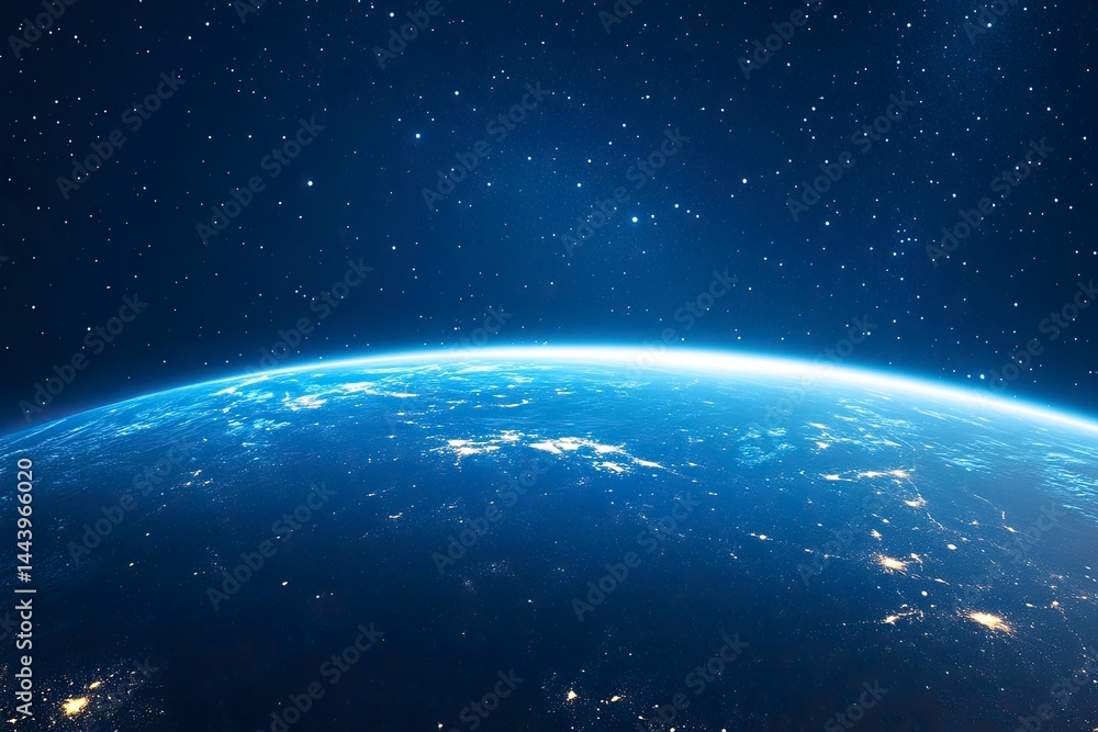 Poster blue planet with a starry sky background. dark space. abstract cosmic background. elements of text a