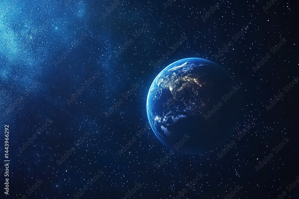 Poster blue planet with a starry sky background. dark space. abstract cosmic background. elements of text a