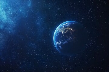 Blue planet with a starry sky background. Dark space. Abstract cosmic background. Elements of text and graphic design on a dark blue space. The concept for science, fantasy, or a universe theme. 