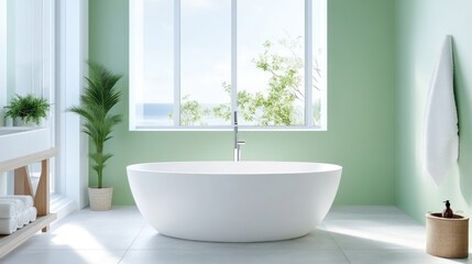 Fototapeta premium Modern minimalist bathroom with freestanding bathtub, large window, and pale green walls.