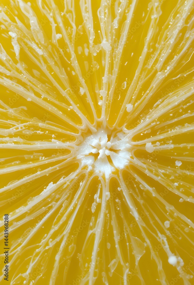 Poster lemon slice closeup, a citrus fruit texture displaying tiny juice vesicles. vibrant yellow. a health