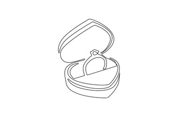 Continuous one line drawing of Opened ring box with ring. Single line drawing illustration of Wedding ring. Married or marriage concept vector art. Doodle line illustration.