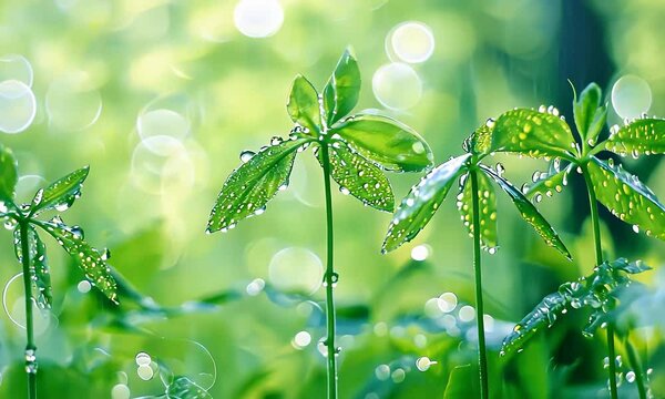 Three Vibrant Green Plants With Dewdrops Soft Focus Bokeh Background in Lush Outdoor Setting