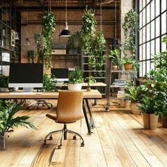 Industrial workspace filled with lush greenery and natural light.