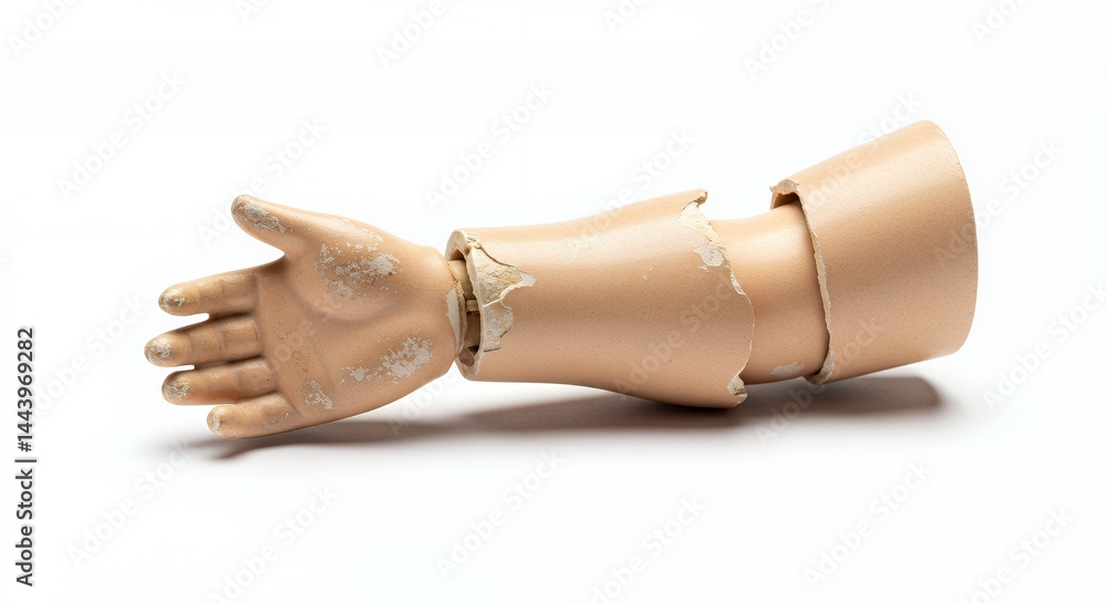 Poster broken chipped porcelain doll arm isolated on white screen displaying age and damage with intricate 