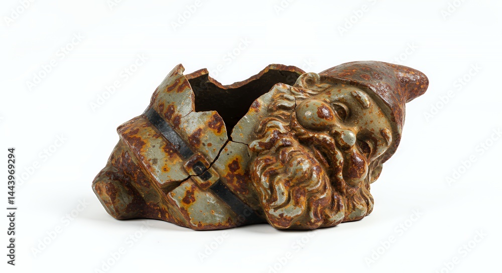 Poster broken gnome head isolated on white screen background showing cracked ceramic texture with rust dama